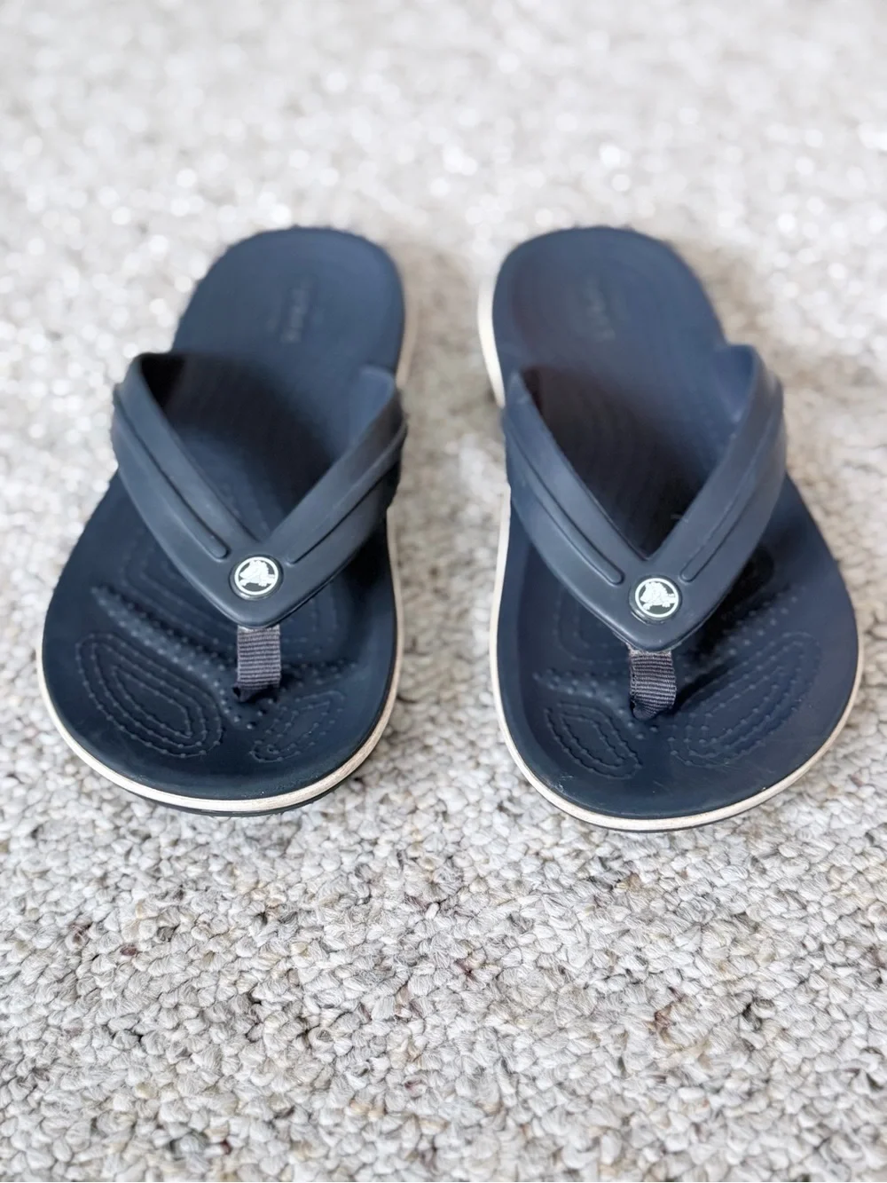 CROCS Juniors Dark Blue Flip Flop Sandals with White Trim | Size J3